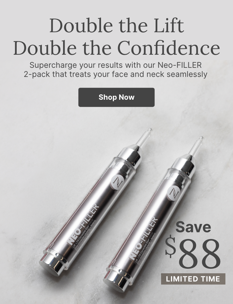 Two Neo-FILLER tubes displayed on white blocks with text reading, “Double the Lift. Double the Confidence.” It highlights a 2-pack with a limited-time $51 savings offer and a “Shop Now” button.